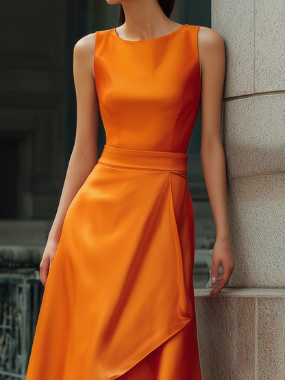Sleeveless Asymmetric High-Low Satin Evening Gown