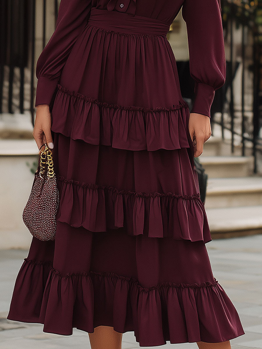 Burgundy Ruffled Shirt Midi Dress For Romantic Elegance