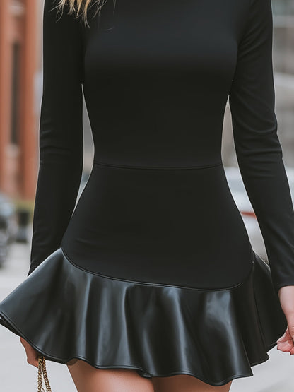 Sleek Black Bodycon Dress With Faux Leather Ruffle Hem
