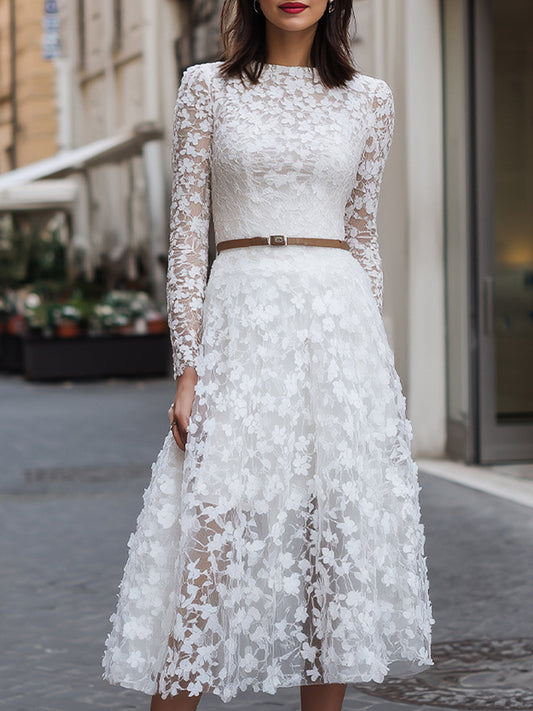 Elegant Floral Lace Long-Sleeve Midi Dress