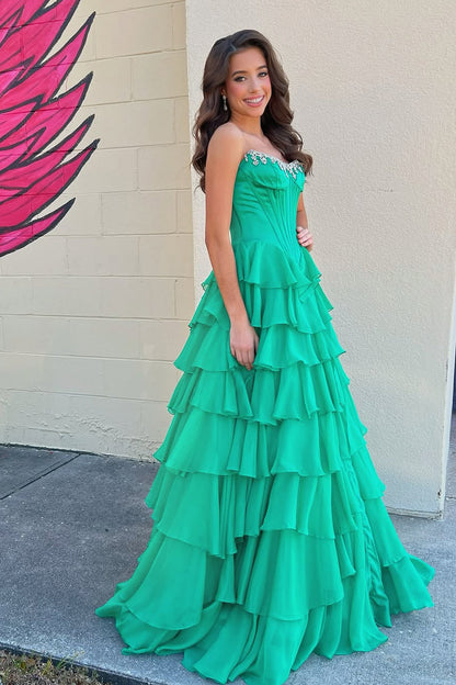 Cute A Line Scoop Neck Green Chiffon Tiered Prom Dress with Beading