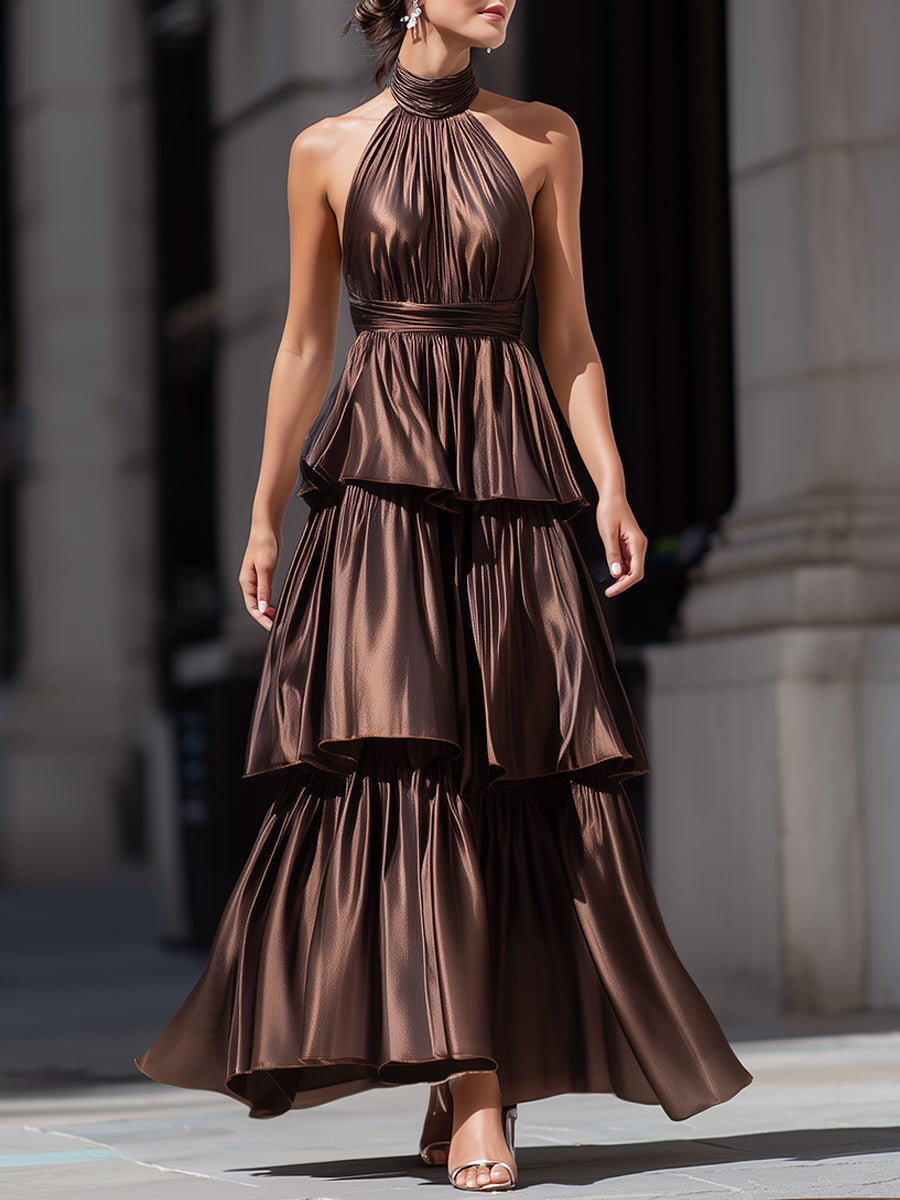 Sleeveless Tiered Halter Neck Ruffle Maxi Dress