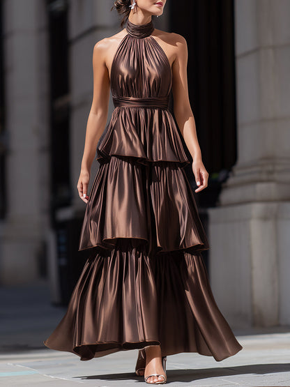 Sleeveless Tiered Halter Neck Ruffle Maxi Dress