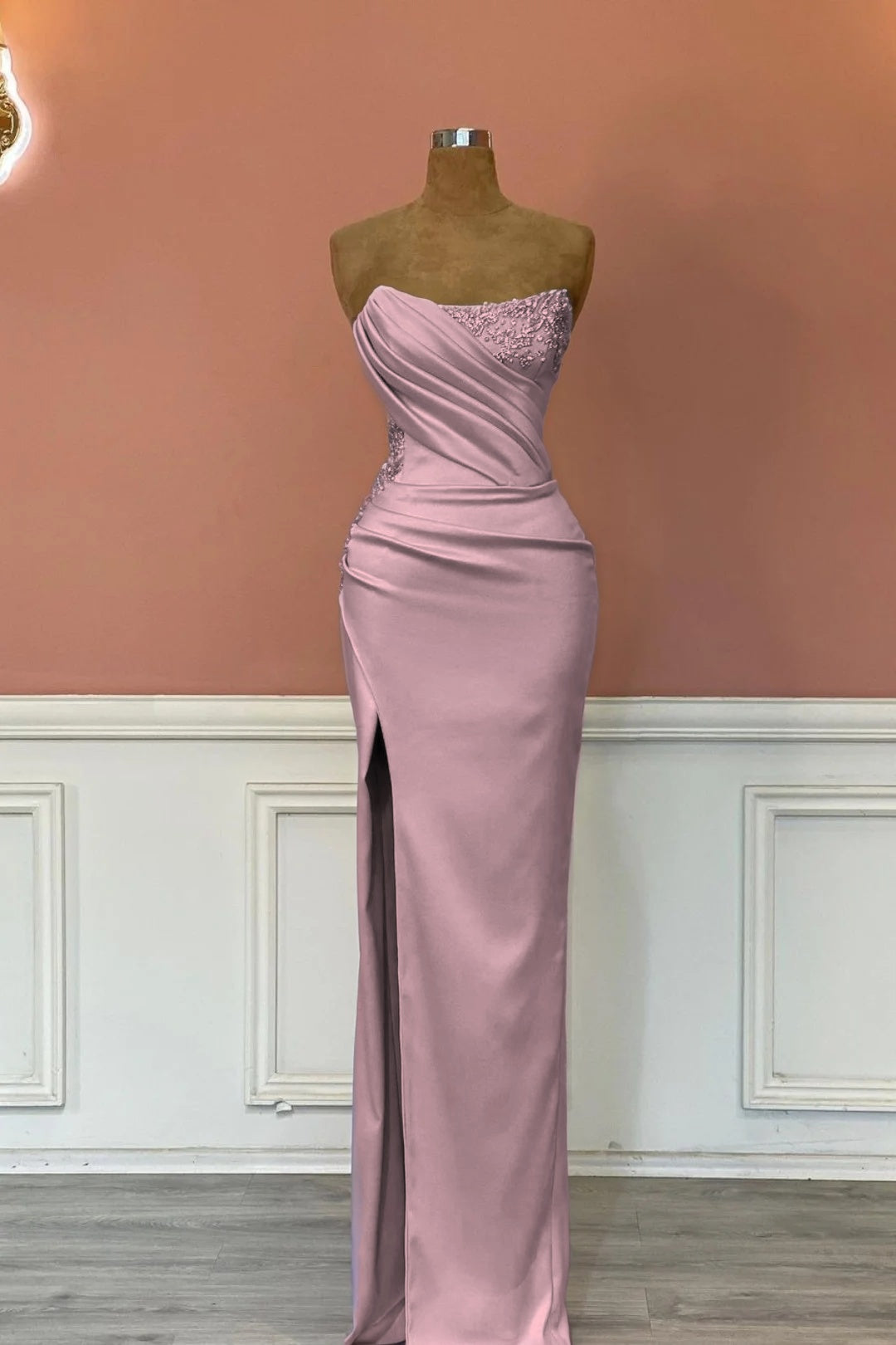 Satin Strapless Sleeveless Long Pleated Mermaid Prom Dress With Rhinstone And High Split