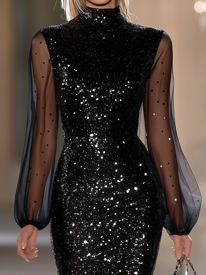 Elegant Black Tulle Puffy Sleeves Sequin Dress