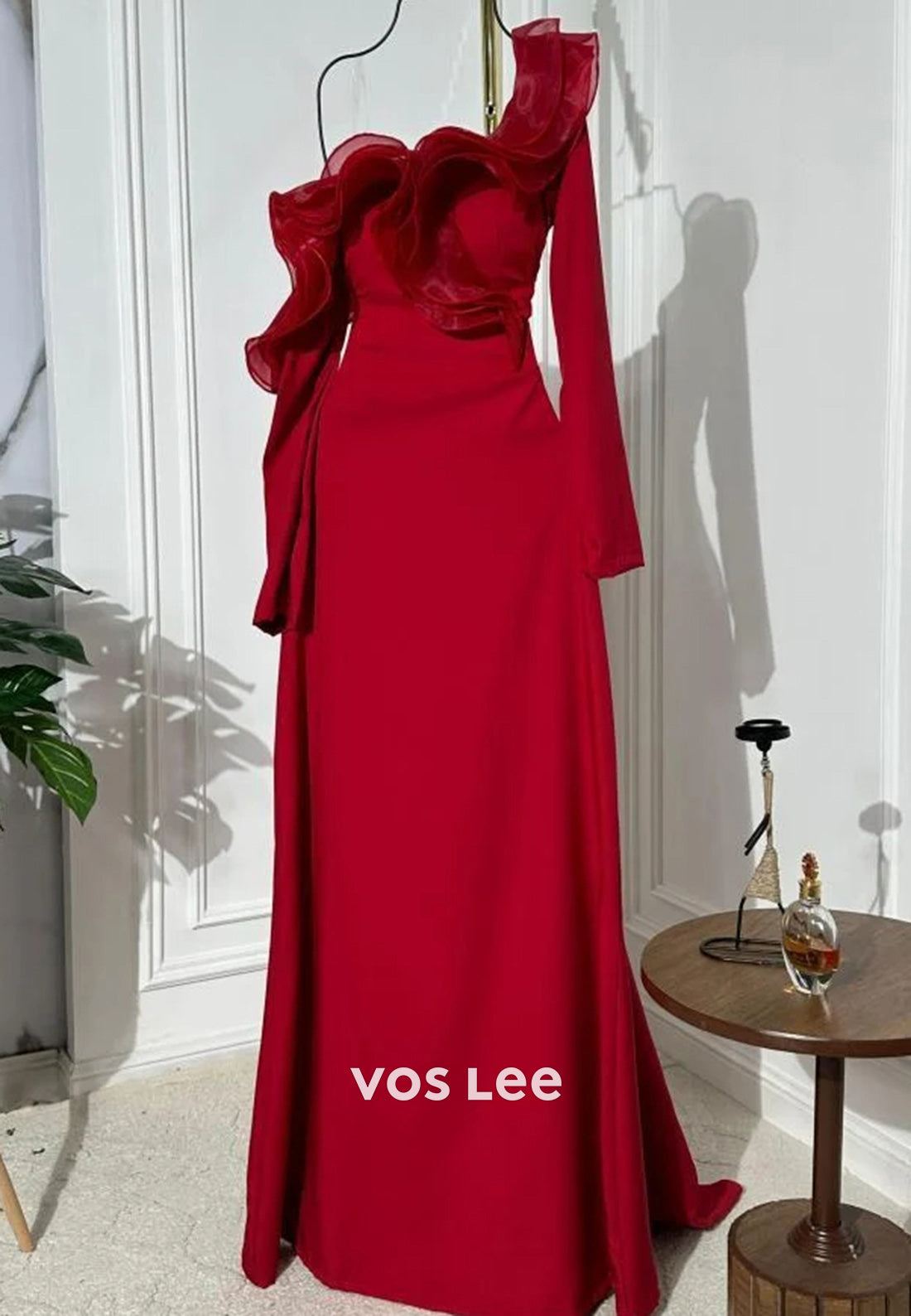 Long Sleeve One Shoulder Ruched Mermaid Evening Dresses with Sweep Train