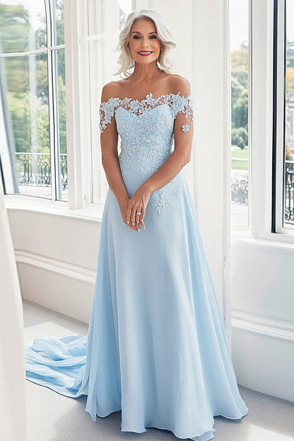 Sky Blue A Line Off The Shoulder Lace Appliques Mother of the Bride Dr – VOS LEE