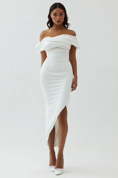 White Satin Sheath Off the Shoulder Matte Asymmetrical Graduation Dress Wedding Dresses