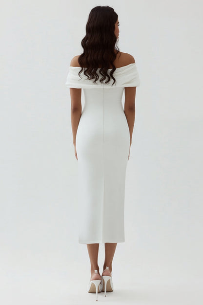 White Satin Sheath Off the Shoulder Matte Asymmetrical Graduation Dress Wedding Dresses