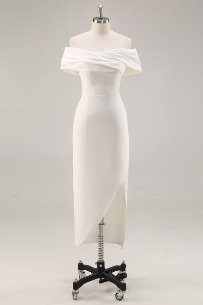 White Satin Sheath Off the Shoulder Matte Asymmetrical Graduation Dress Wedding Dresses