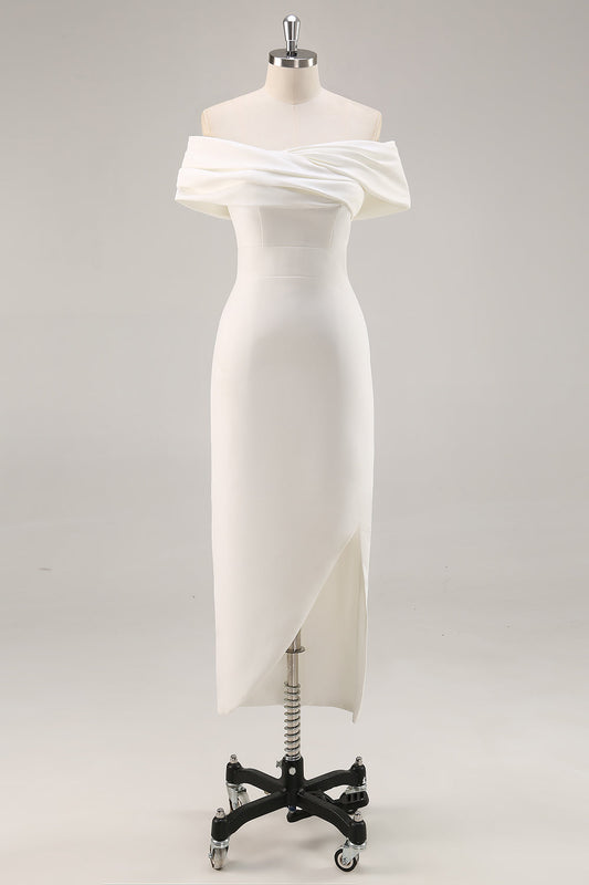 White Satin Sheath Off the Shoulder Matte Asymmetrical Graduation Dress Wedding Dresses