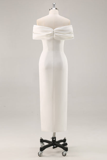 White Satin Sheath Off the Shoulder Matte Asymmetrical Graduation Dress Wedding Dresses