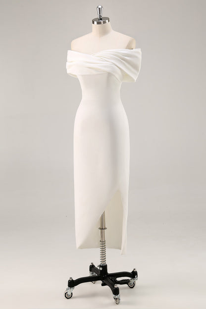White Satin Sheath Off the Shoulder Matte Asymmetrical Graduation Dress Wedding Dresses