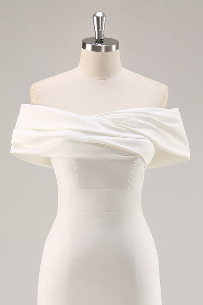 White Satin Sheath Off the Shoulder Matte Asymmetrical Graduation Dress Wedding Dresses