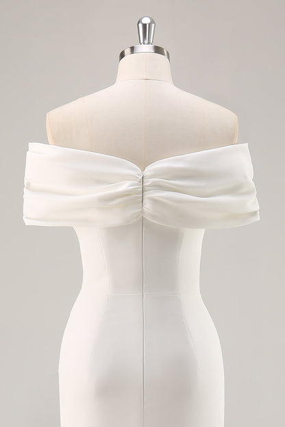 White Satin Sheath Off the Shoulder Matte Asymmetrical Graduation Dress Wedding Dresses