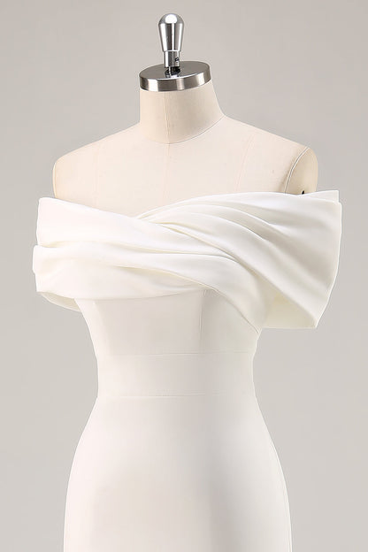 White Satin Sheath Off the Shoulder Matte Asymmetrical Graduation Dress Wedding Dresses