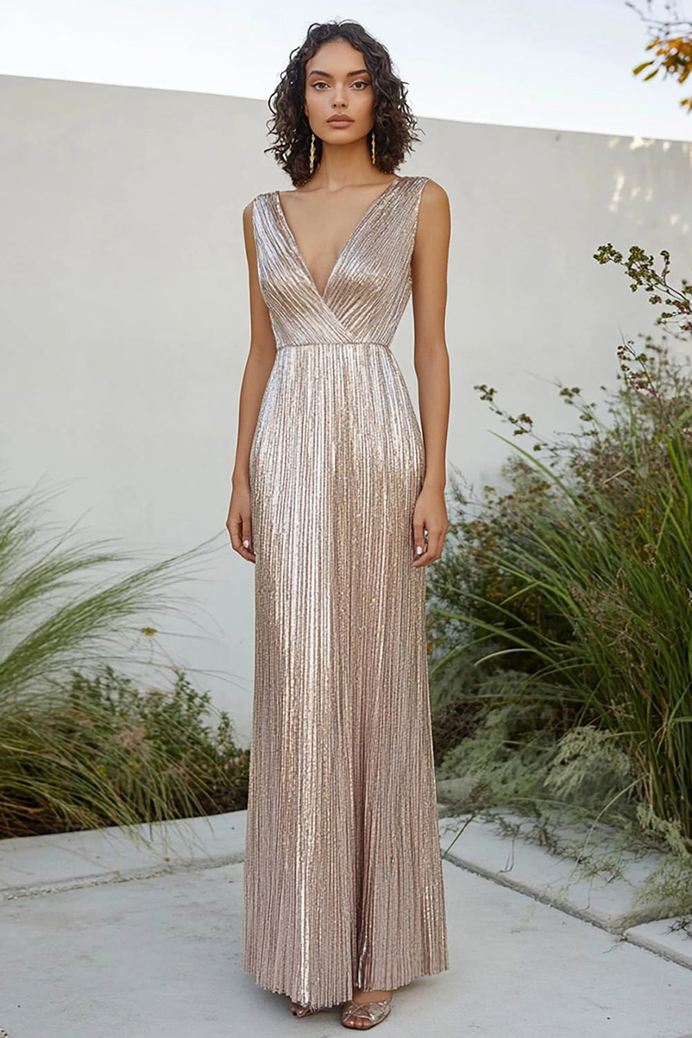 Champagne Metallic Pleated V Neck Sheath Long Formal Dress