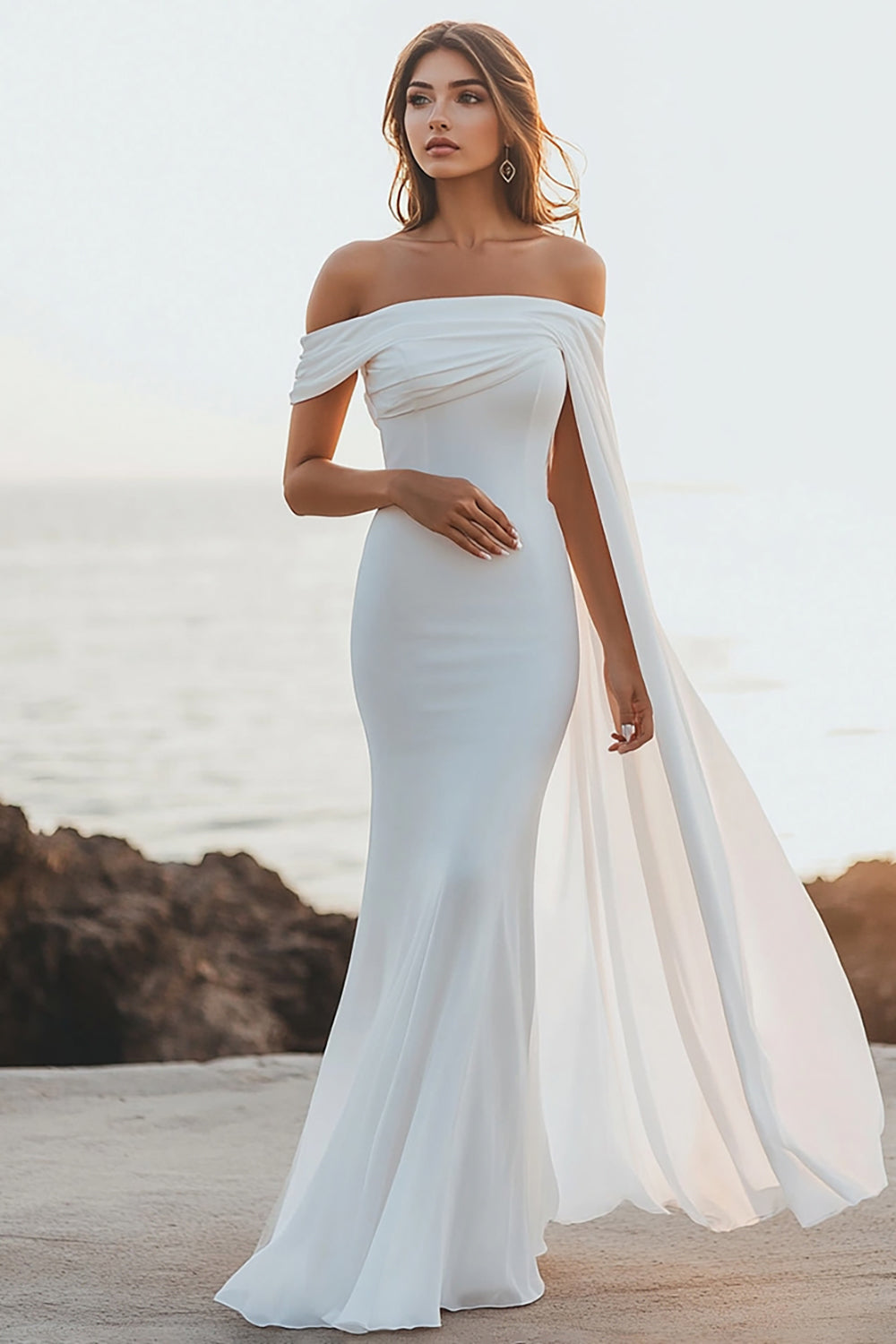 White Sheath Off the Shoulder Long Formal Dress with Cape