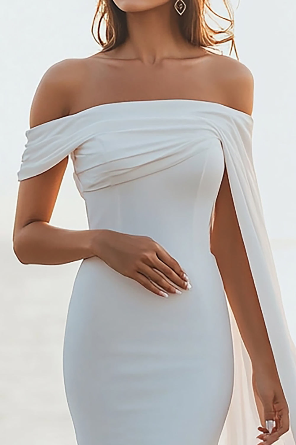 White Sheath Off the Shoulder Long Formal Dress with Cape