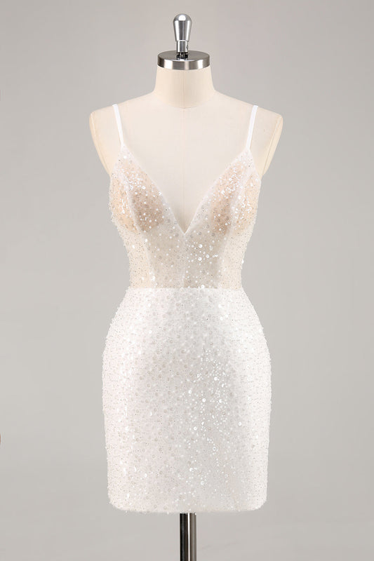 Sparkly White Deep V-Neck Mini Sheath Graduation Dress Wedding Dress