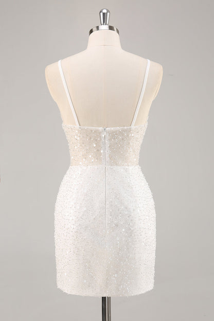 Sparkly White Deep V-Neck Mini Sheath Graduation Dress Wedding Dress