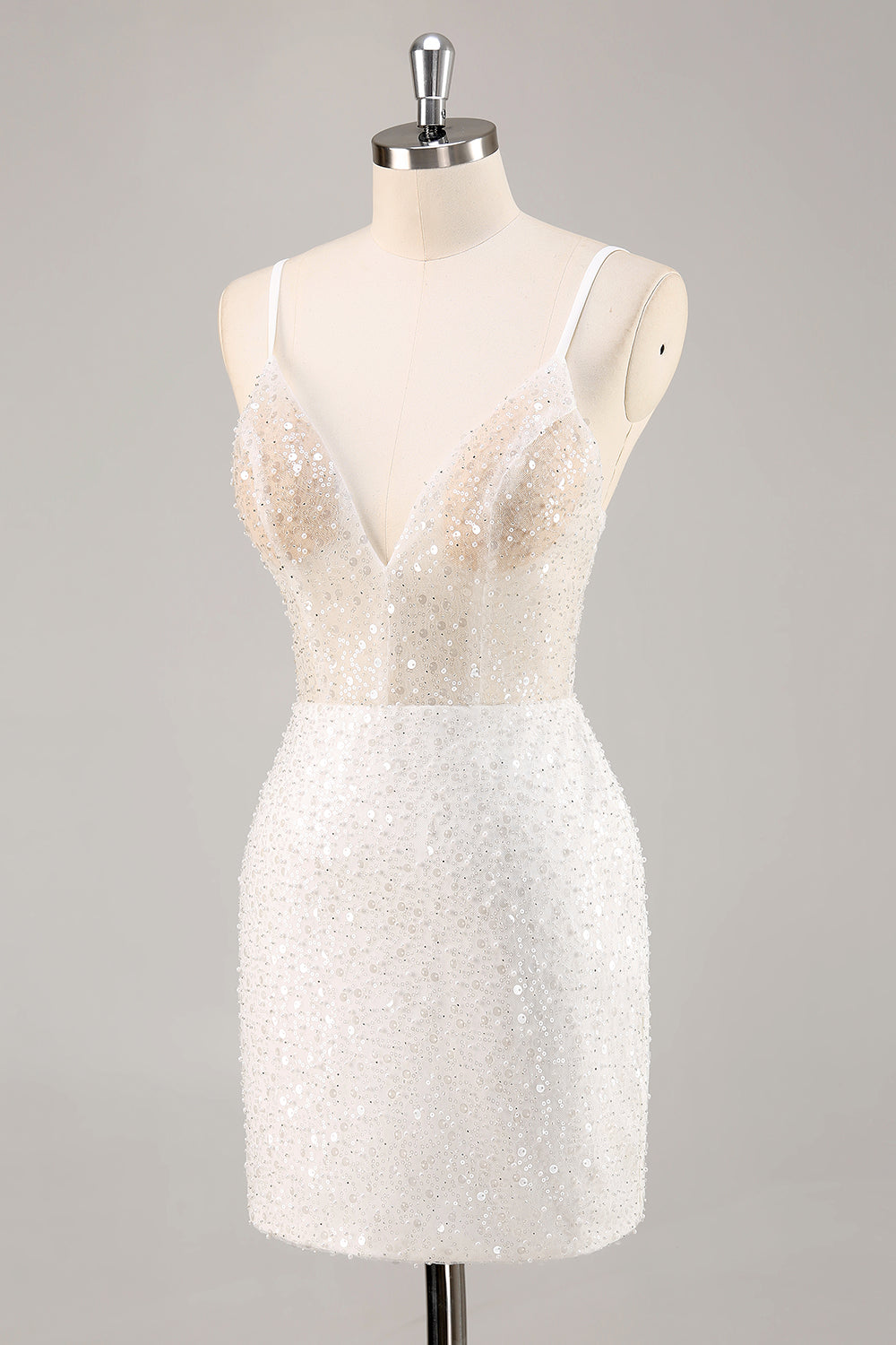 Sparkly White Deep V-Neck Mini Sheath Graduation Dress Wedding Dress