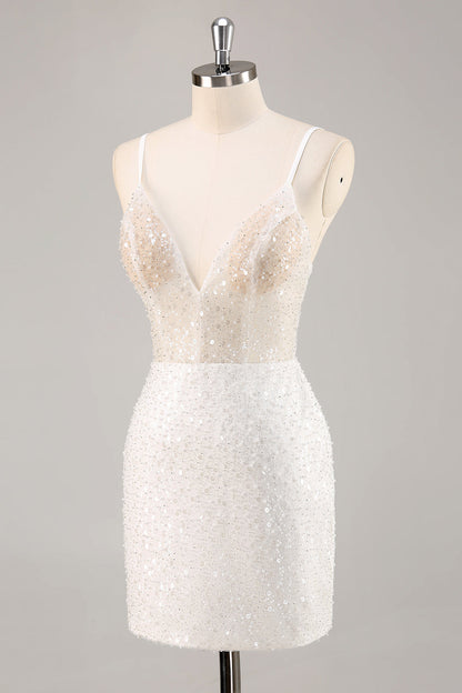 Sparkly White Deep V-Neck Mini Sheath Graduation Dress Wedding Dress