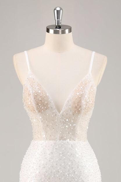 Sparkly White Deep V-Neck Mini Sheath Graduation Dress Wedding Dress
