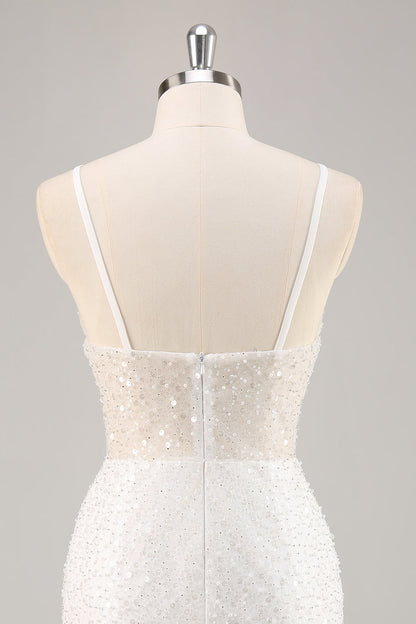 Sparkly White Deep V-Neck Mini Sheath Graduation Dress Wedding Dress