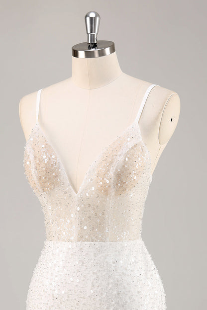 Sparkly White Deep V-Neck Mini Sheath Graduation Dress Wedding Dress
