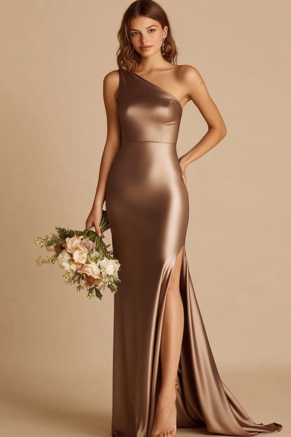 Mermaid One Shoulder Coffee Formal Dress With Slit