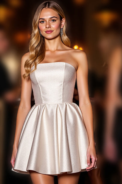 Ivory Satin Corset A Line Strapless Short Homecoming Dress