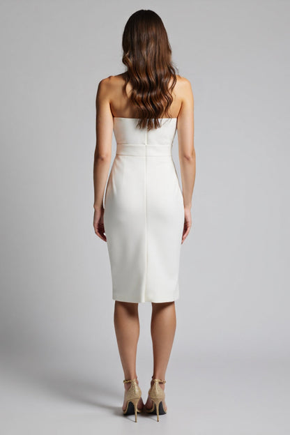 White Satin Strapless Bodycon Ruffled Midi Work Dress with Slit