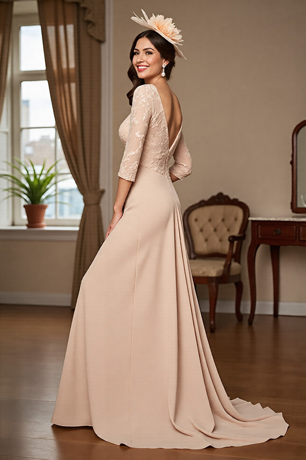 Apricot Long Mother Of The Bride Dress With Appliques