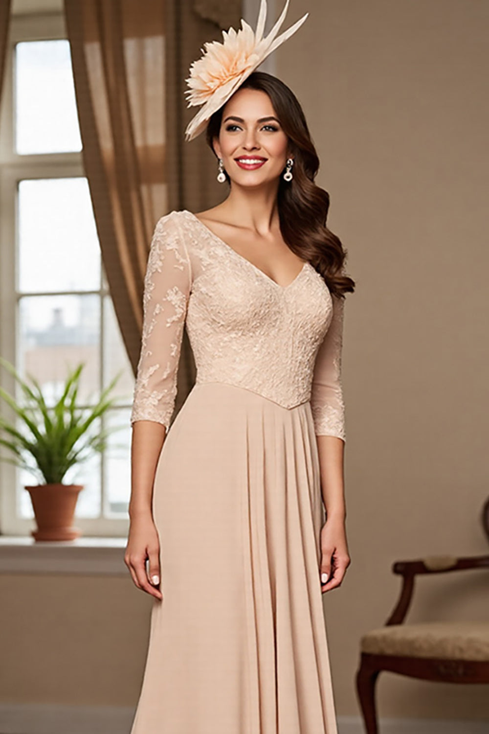 Apricot Long Mother Of The Bride Dress With Appliques
