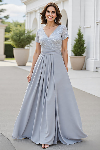 Sparkly Silver V Neck A Line Mother Of The Bride Dress