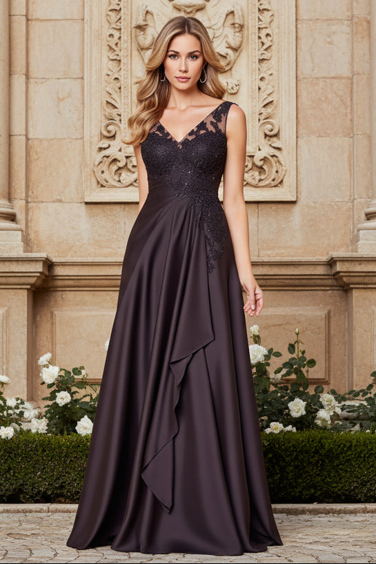 A Line Lace Appliqued Black V Neck Mother of the Bride Dress