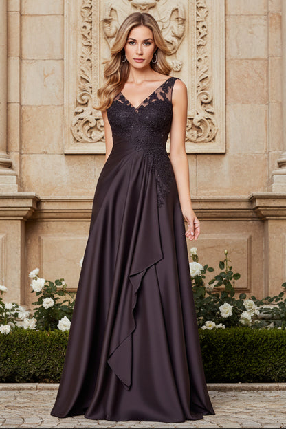 A Line Lace Appliqued Black V Neck Mother of the Bride Dress