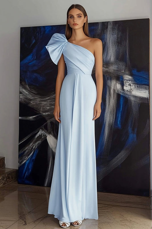 Sky Blue Satin Sheath Long Formal Dress with Ruffles