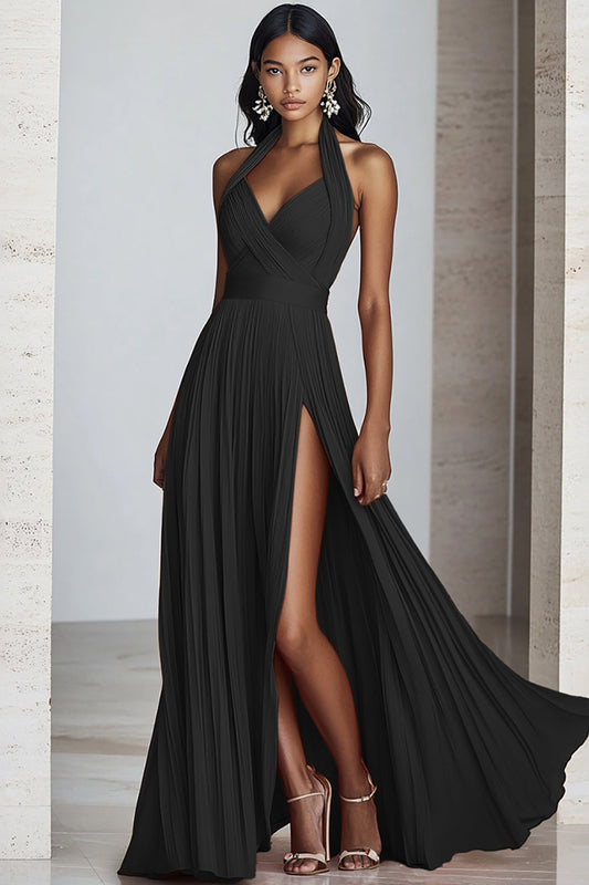 Black A Line Halter Chiffon Long Pleated Formal Dress