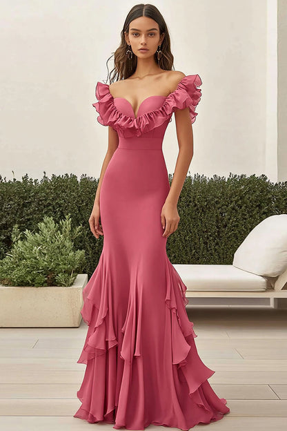 Mermaid Coral Off The Shoulder Ruffled Formal Dress