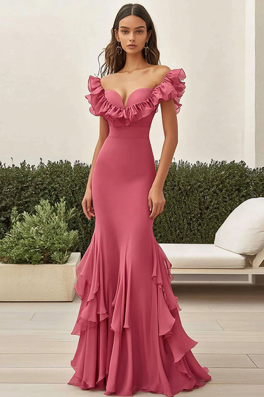Mermaid Coral Off The Shoulder Ruffled Formal Dress
