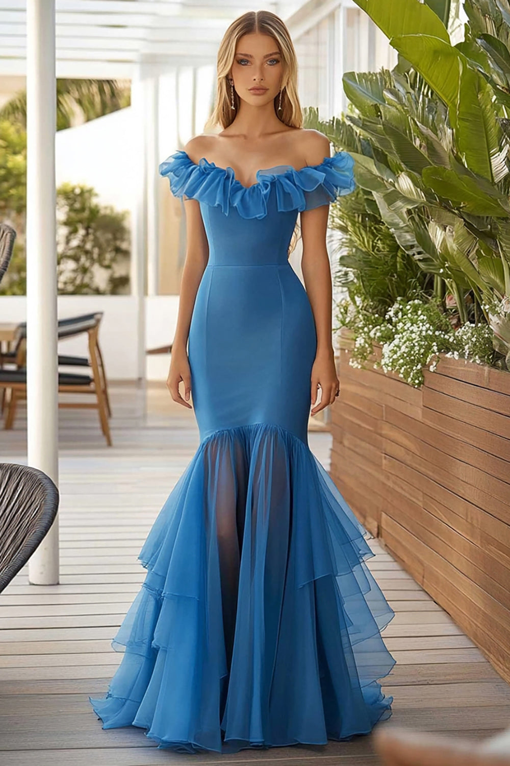 Mermaid Blue Off The Shoulder Long Formal Dress