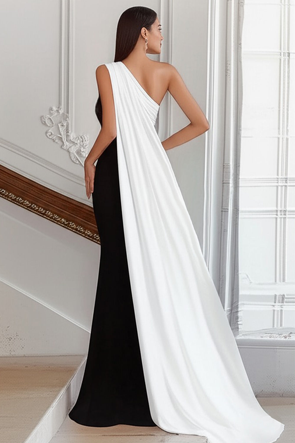 One Shoulder Sheath Long Black Tie Dress with Streamer