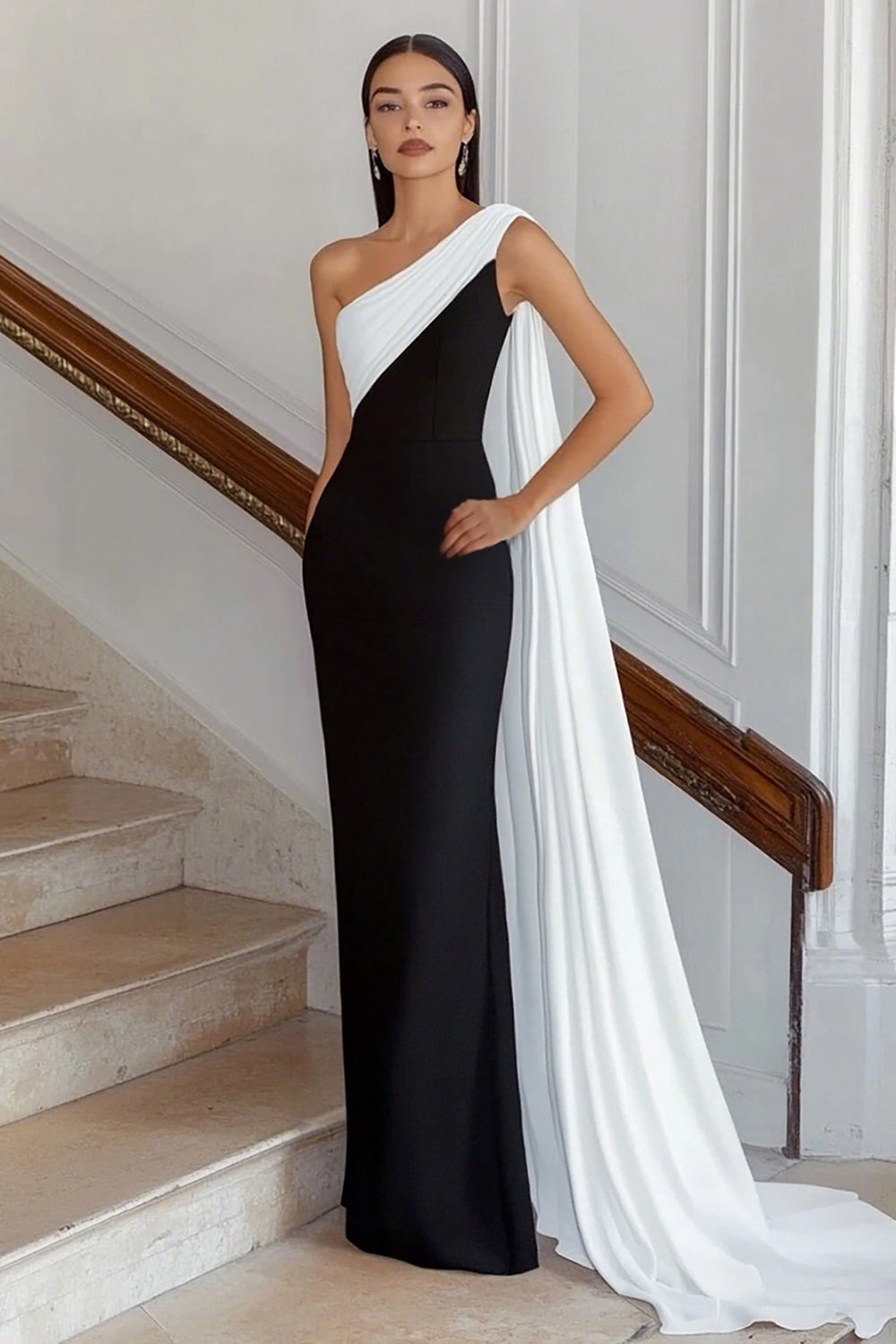 One Shoulder Sheath Long Black Tie Dress with Streamer