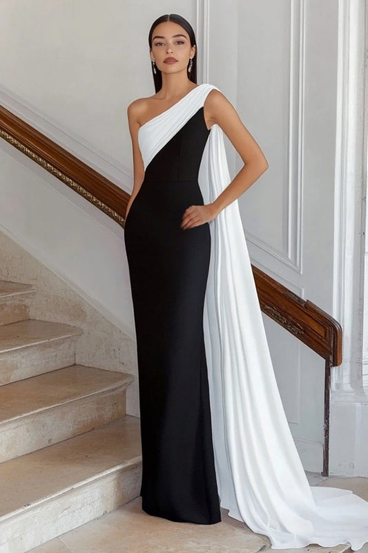 One Shoulder Sheath Long Black Tie Dress with Streamer