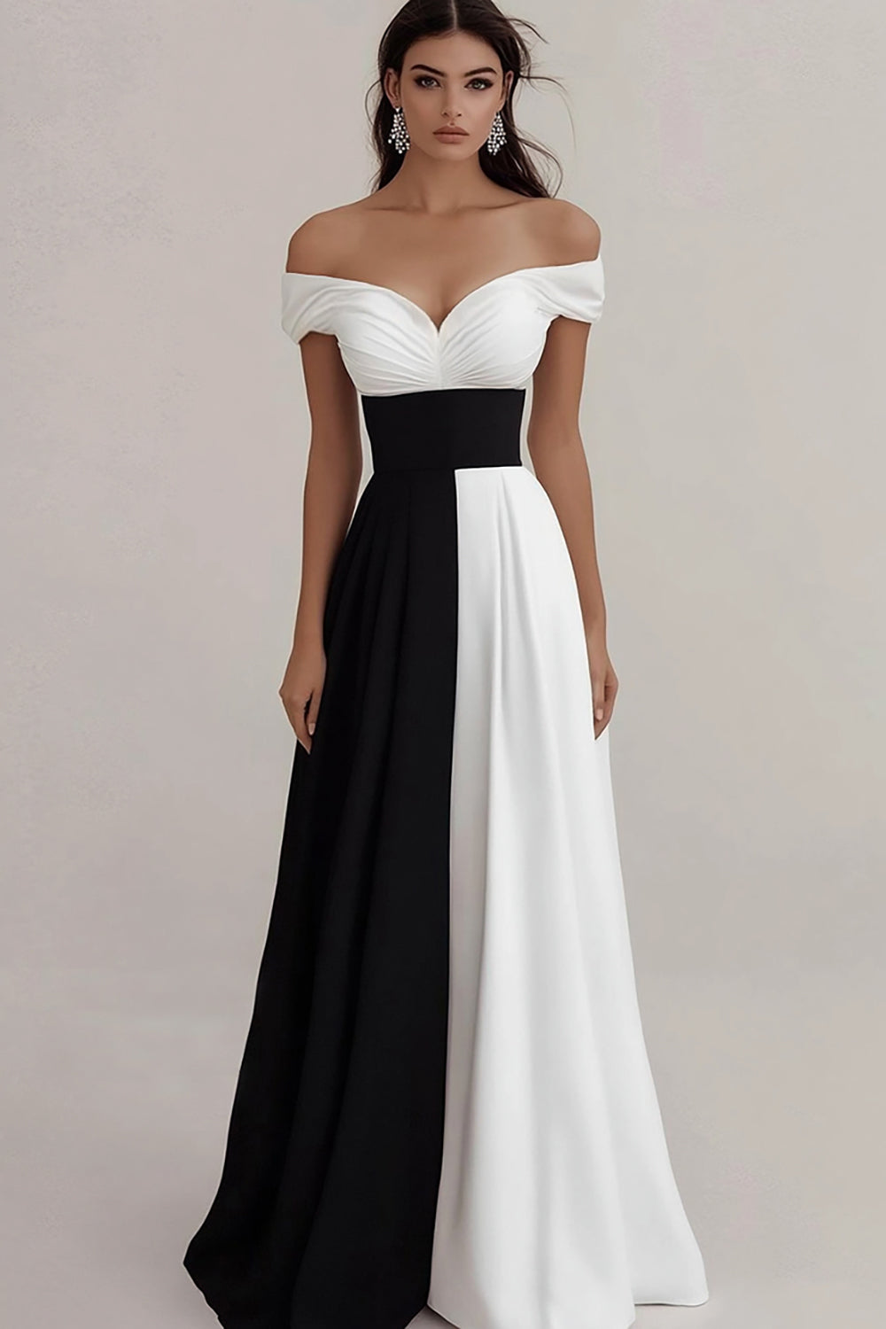 Off The Shoulder A Line Black And White Formal Dress