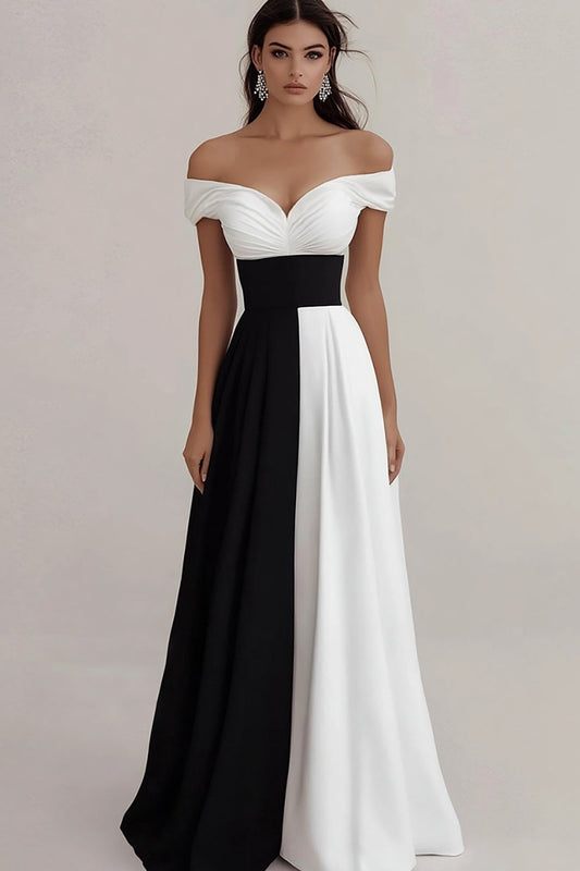Off The Shoulder A Line Black And White Formal Dress