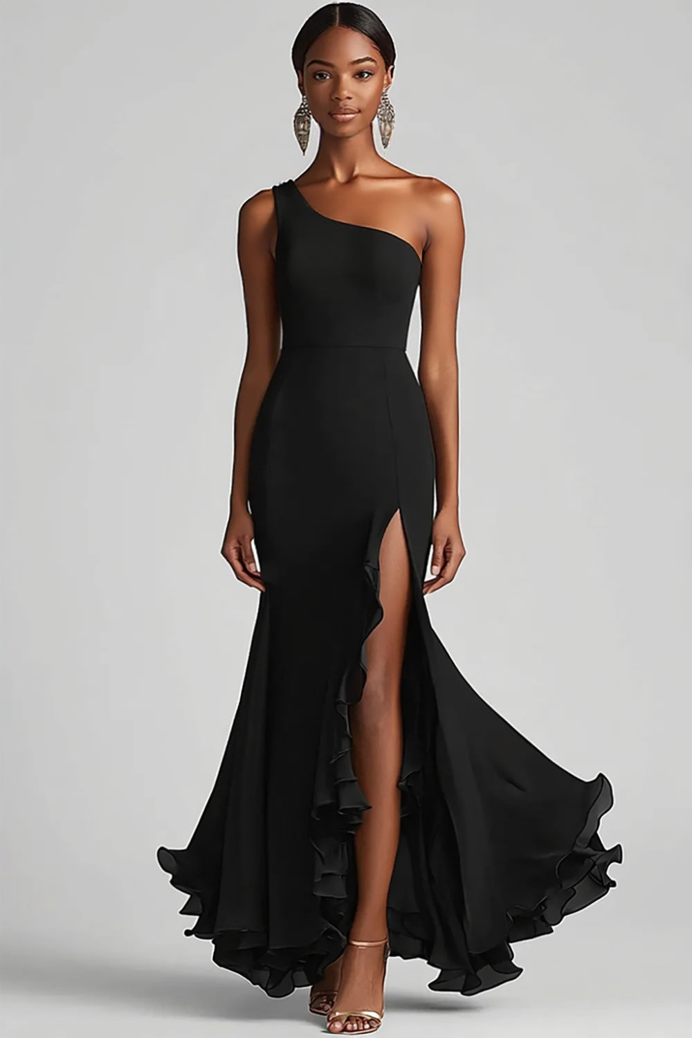 Black Chiffon One Shoulder Mermaid Formal Dress with Slit