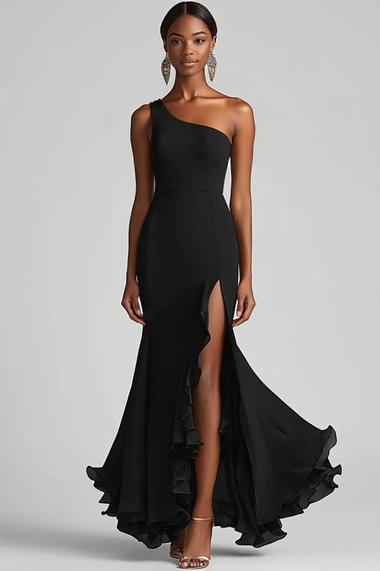Black Chiffon One Shoulder Mermaid Formal Dress with Slit
